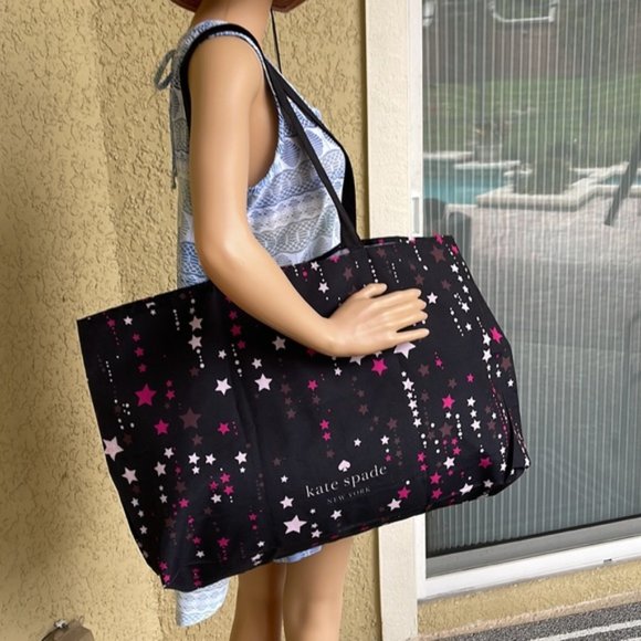 Kate Spade Black Multi Color with Light and Dark Pink Stars Canvas Tote XL - Picture 16 of 16